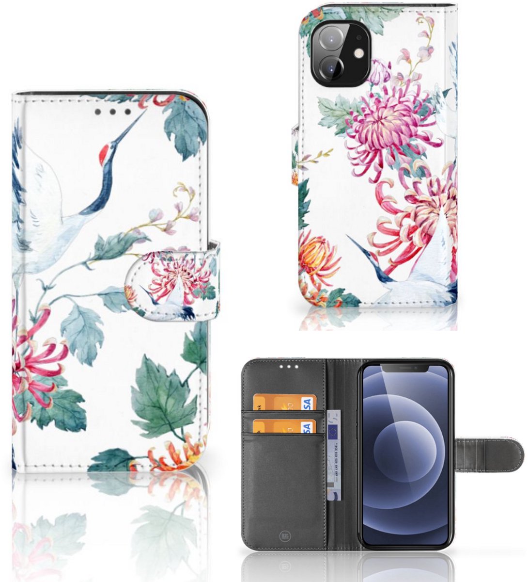 Apple iPhone 12 Mini Telefoonhoesje met Pasjes Bird Flowers