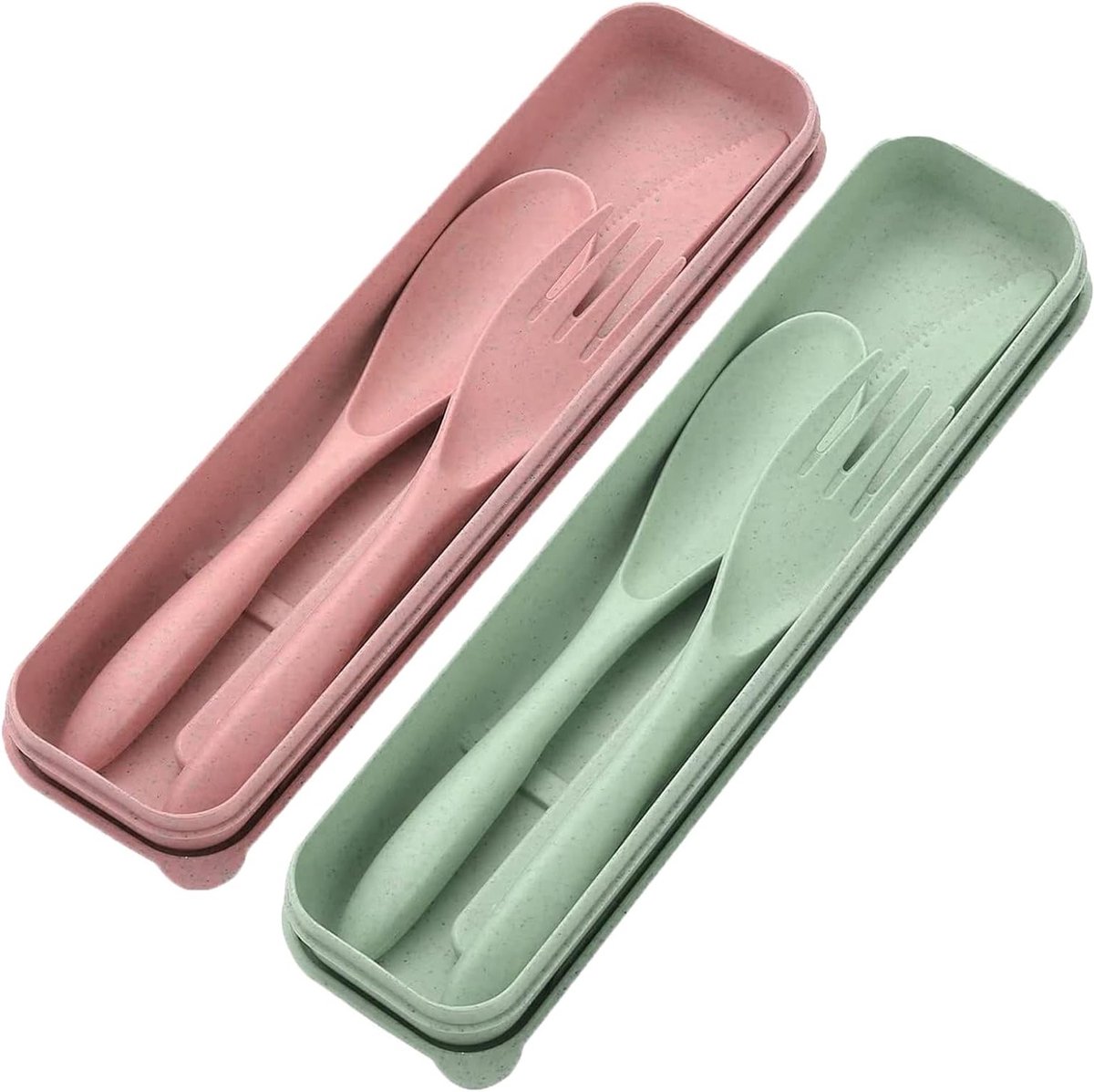 Draagbare 2-delige Reis Bestekset van Plastic, Herbruikbare Set met Vork, Lepel en Mes, Ideaal voor Kamperen, Kantoor en Dagelijks Gebruik (Groen/Roze)