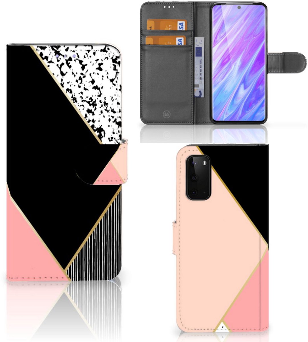 Samsung Galaxy S20 Book Case Zwart Roze Vormen