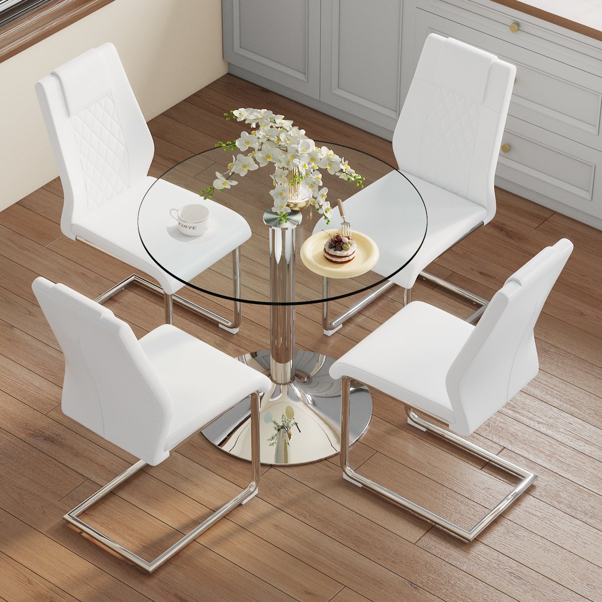 STILVORA Eettafelset 85 Cm - Ronde Glazen Tafel Met 4 Eetkamerstoelen - Voor Eetkamer En Keuken - Glas Wit Zilver