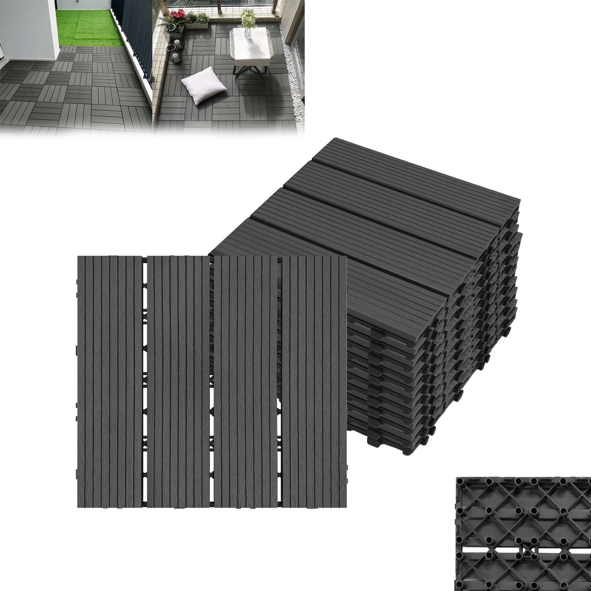 Froadp 33 stuks WPC-tegels 30 x 30 cm, WPC-kliktegels, 3 m², balkontegels, terrastegels, tegels met houtlook, terrasplanken voor balkon, antraciet