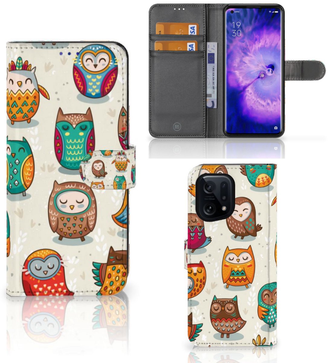 OPPO Find X5 Telefoonhoesje met Pasjes Vrolijke Uilen