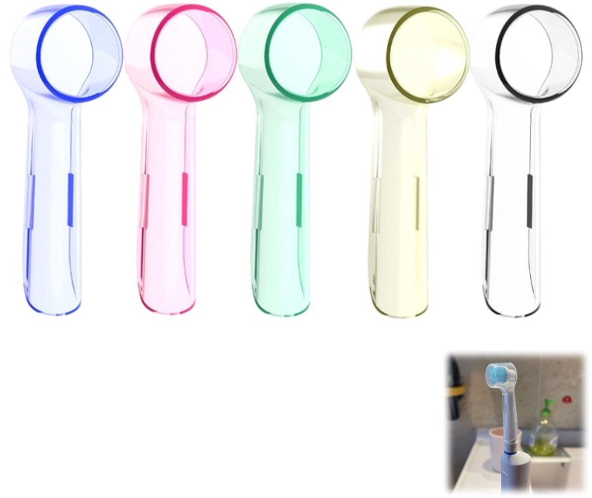 5 stuks-Stofkapje voor tandenborstelkop - Beschermkapje voor tandenborstelkop - Tandenborstelhoes - Borstelkop niet inbegrepen - Compatibel met Oral-B elektrische tandenborstels - Blauw - Roze - Groen - Geel - Transparant - 1,9*2*6,4 cm