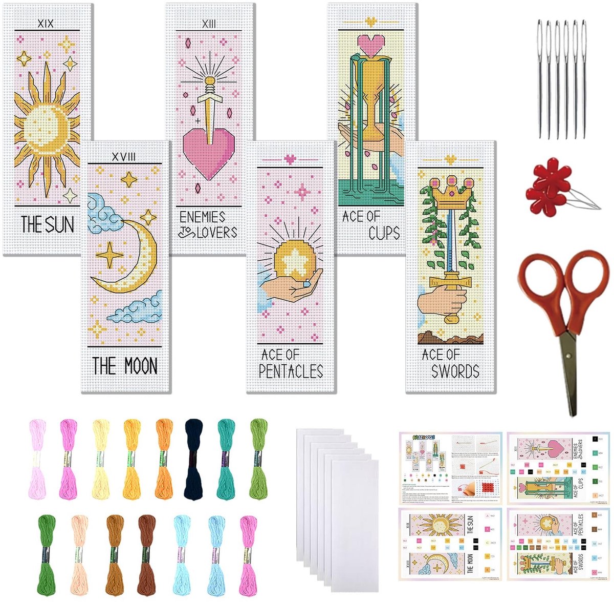 FREEBLOSS 6-delige Borduurset voor Boekenleggers - Tarot Kaarten Thema