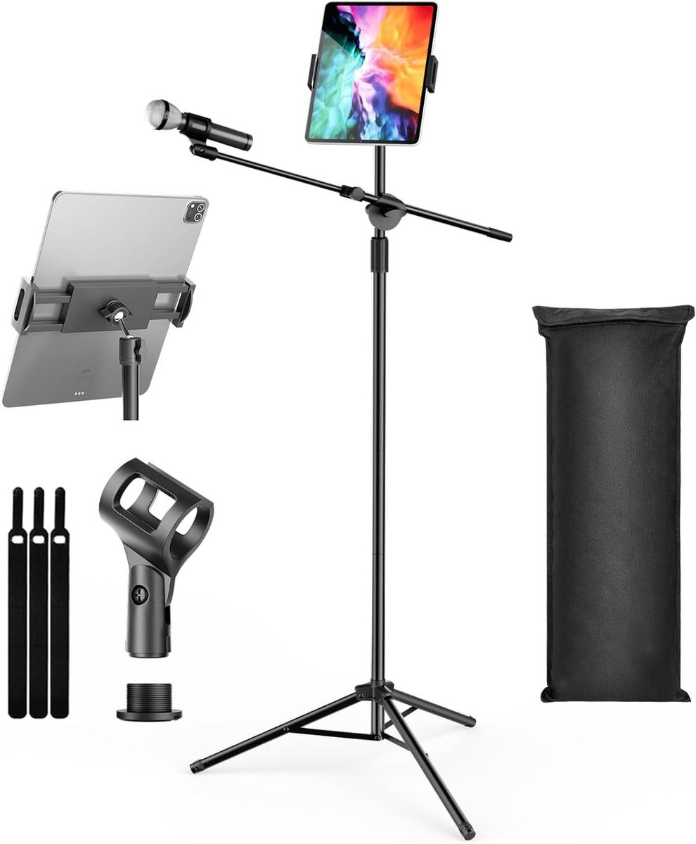Microfoonstandaard Vloer - Statief Zanger Karaoke - Podium Optredens - Met Tablet Telefoonhouder - 35-65 Inch - Zwart