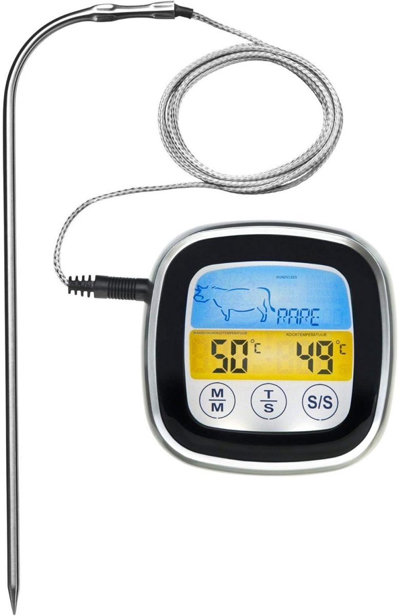 YOZHIQU Braden thermometer - Vleesthermometer - 5 Garstufen, LED Touchdisplay, Timer, Magnetische Houder - Geschikt voor BBQ, Oven en Grill - Kunststof en RVS - 7x7x2 cm, 60 cm Kabel