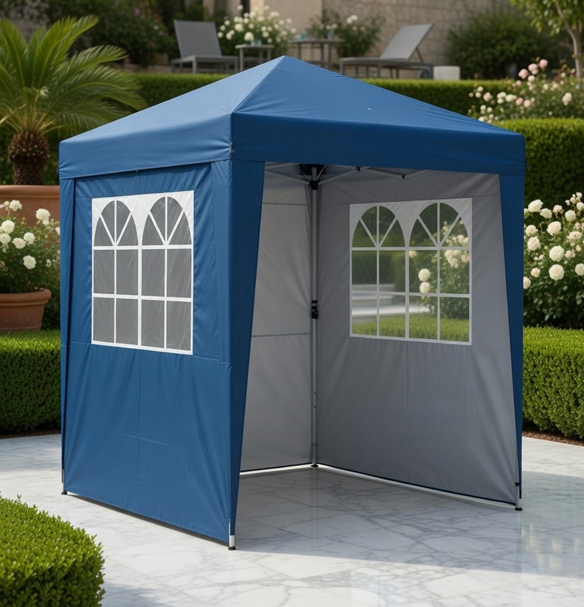 Opvouwbare Partytent 2x2m met Versterkte Zijpanelen, 4 Zandzakken, UV-Bescherming & Draagtas – Waterbestendig Tuinpaviljoen voor Camping, Tuin & Evenementen – Donkerblauw | medahomestore