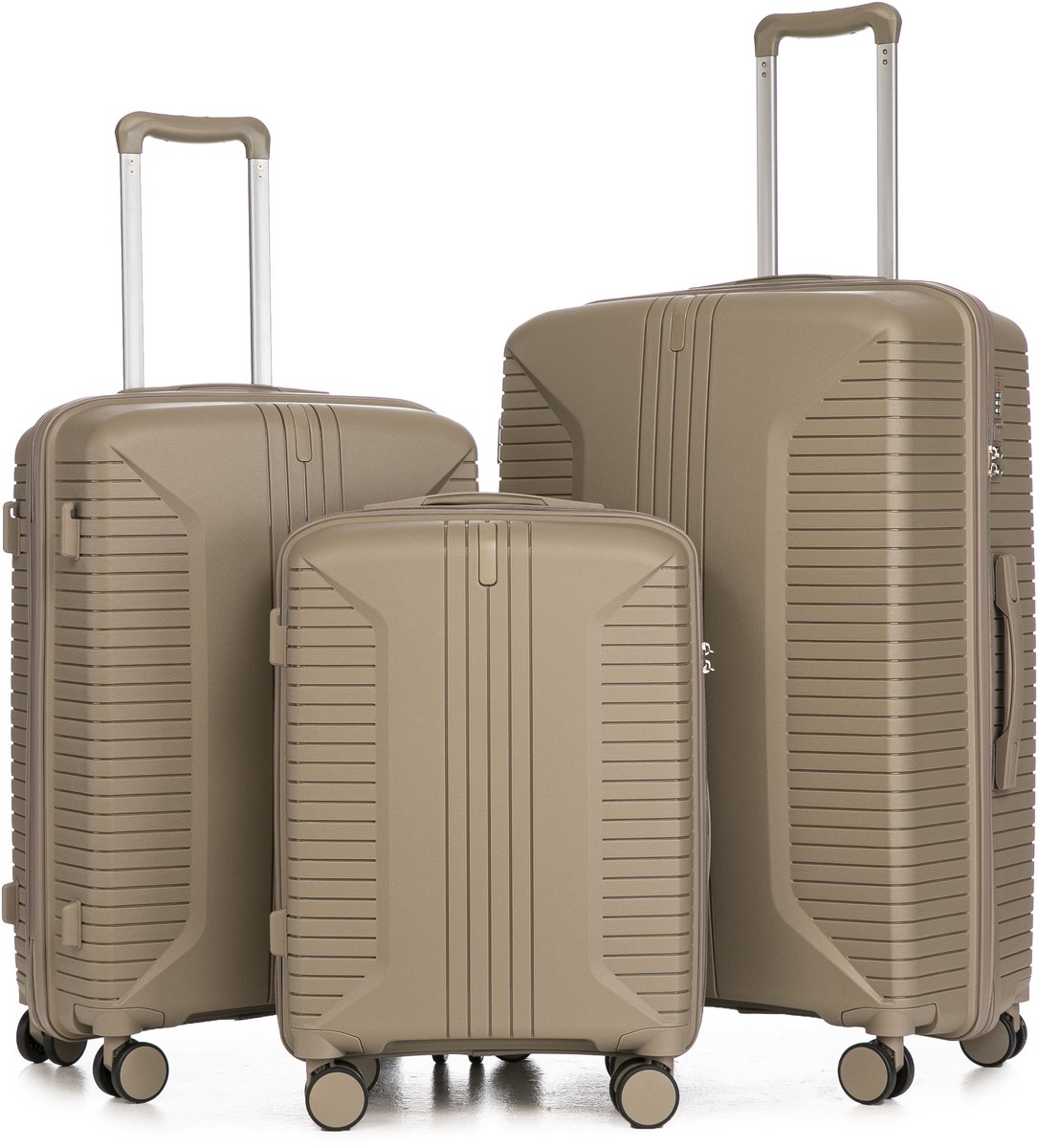 3-delige Kofferset –PP – 20 inch / 24 inch / 28 inch – Cijferslot – 360° Geruisloze Wielen – Lichtgewicht & Stevig – Modern Design - champagnetint