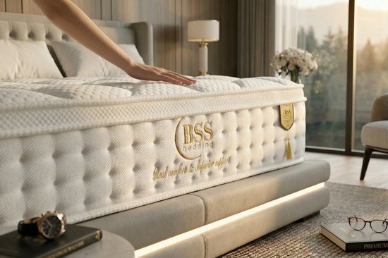 Een hand raakt het witte BSS Bedding matras aan dat op een beige bed met verlichting staat.