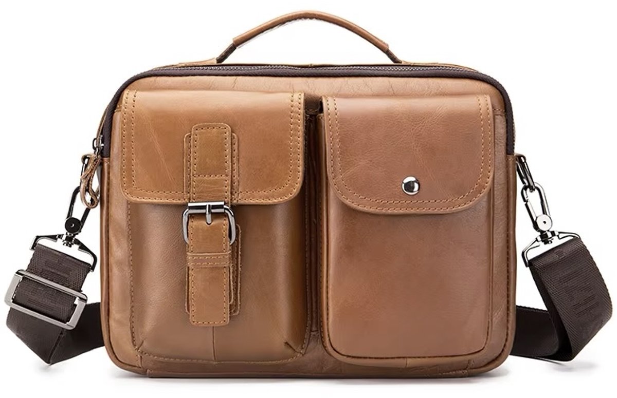Leren Schoudertas - Crossbody Tas iPad 10.8 inch - Vintage Aktetas - Camel