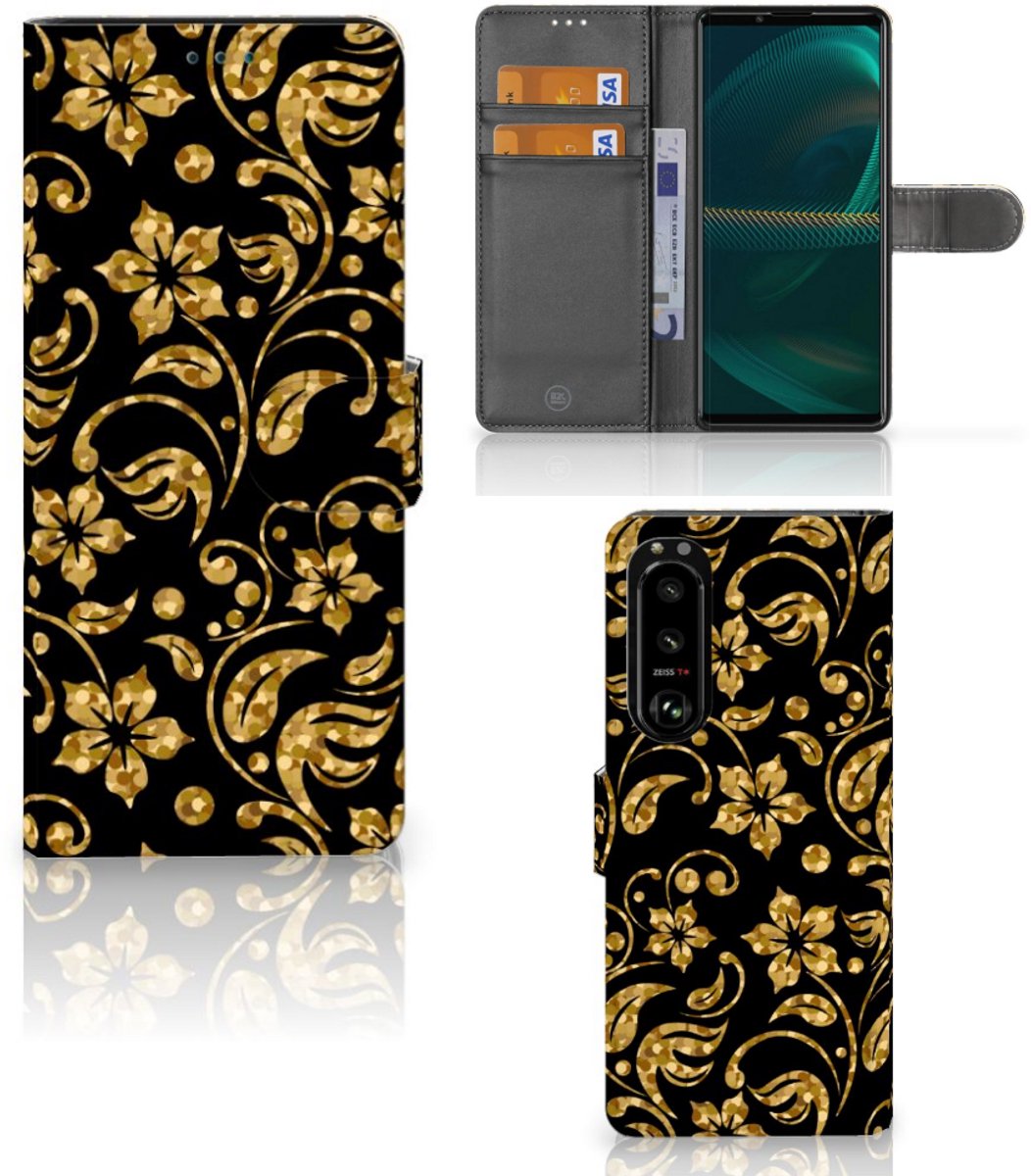 Book Case voor Sony Xperia 5III Hoesje Gouden Bloemen
