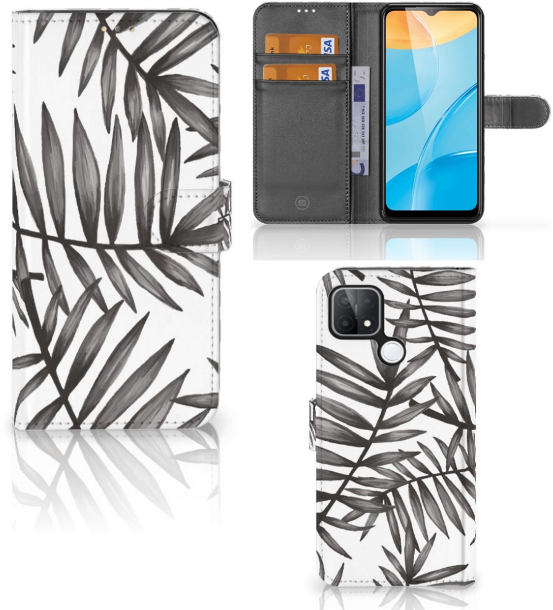 Book Case voor OPPO A15 Hoesje Leaves Grey