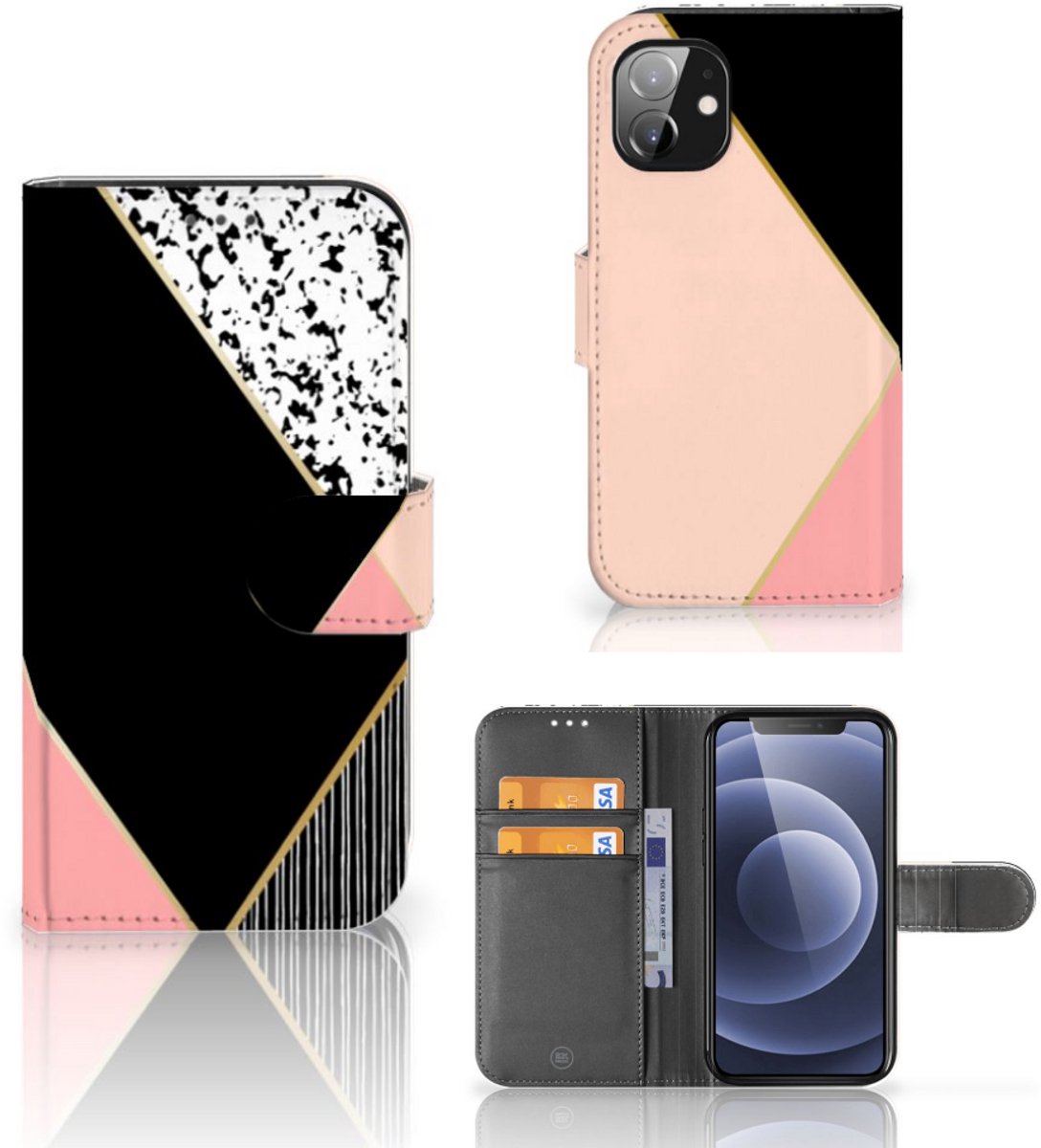 Apple iPhone 12 Mini Book Case Zwart Roze Vormen