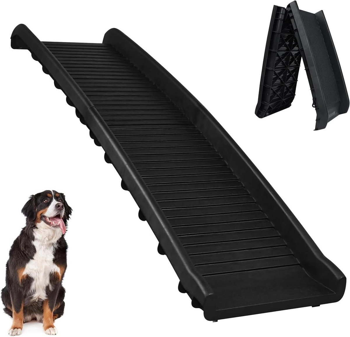 Aufun Hondenhelling opvouwbare kunststof auto opvouwbare hondentrap, bagageramp voor huisdieren, antislip hondenautolamp, petwalk met rubberen buffer tot 90 kg, 156 x 40 cm, zwart