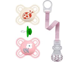 MAM Perfect Start mini fopspeen 0-2 meisje // set van 2 // incl. steriliseertrasportbox & NIP fopspeenband