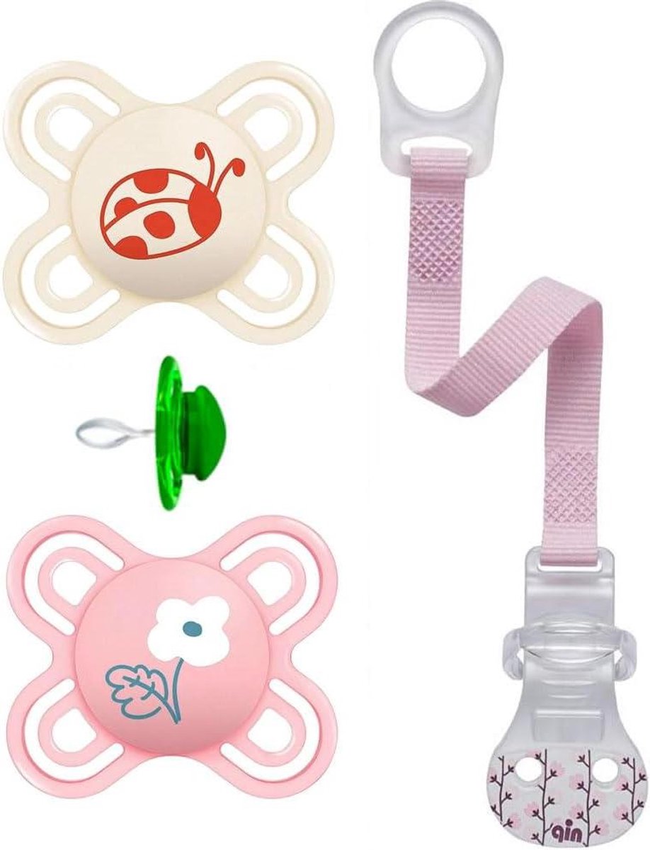 MAM Perfect Start mini fopspeen 0-2 meisje // set van 2 // incl. steriliseertrasportbox & NIP fopspeenband