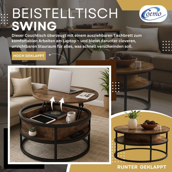 Coffee Table Swing Brown with Adjustable Table Top and Hidden Storage Compartment, Metal and Wood, Side Table for Living Room, Round Coffee Table with Storage Space, Metal Table, Modern, Disassembled — afbeelding 5