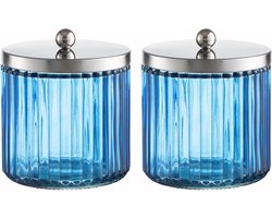 KMwares Set van 2 glazen badkamerpotten - blauw gestreept glas met deksels, katoenen bal, wattenstaafje, en floshouder - moderne organizer voor badkamer, decoratieve opbergruimte voor aanrecht