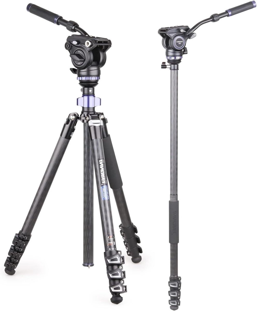 INNOREL MT70C 10 Layers Carbon Fiber Professional Video Tripod Kit, with Half Ball Leveller & Fluid Head, Convertible to Monopod for DSLR, Camera, Video, Camcorder