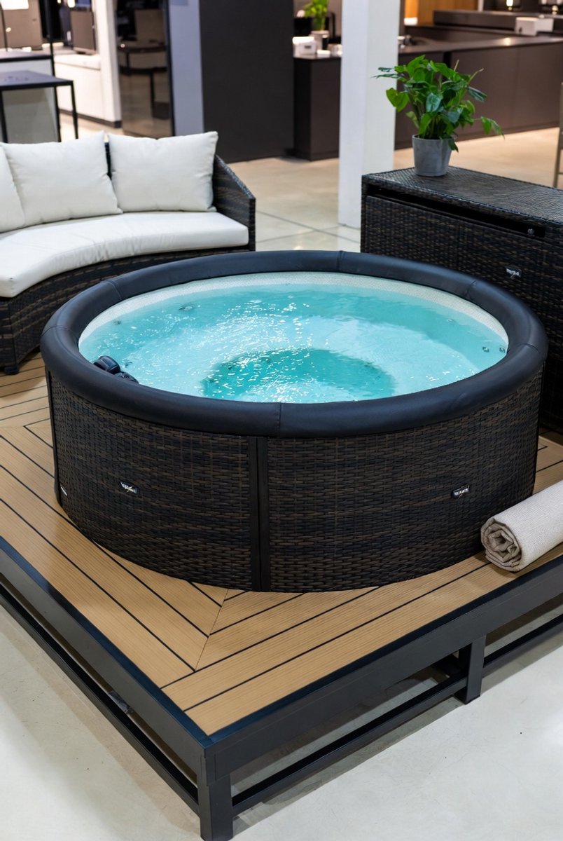 Luxe Ronde Whirlpool Rand & Spa Accessoires – Inclusief Mini Sofa met Kussen – PE Rattan & Acacia Hout – Comfortabele Outdoor Spa Rand – MedaHomeStore