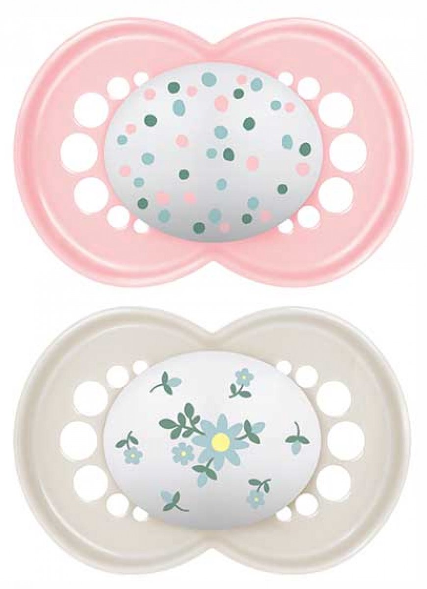 MAM 2 Originele Klassieke Fopspenen 18 Maanden en Ouder (Modellen : Roze erwten en blauwe bloemen)