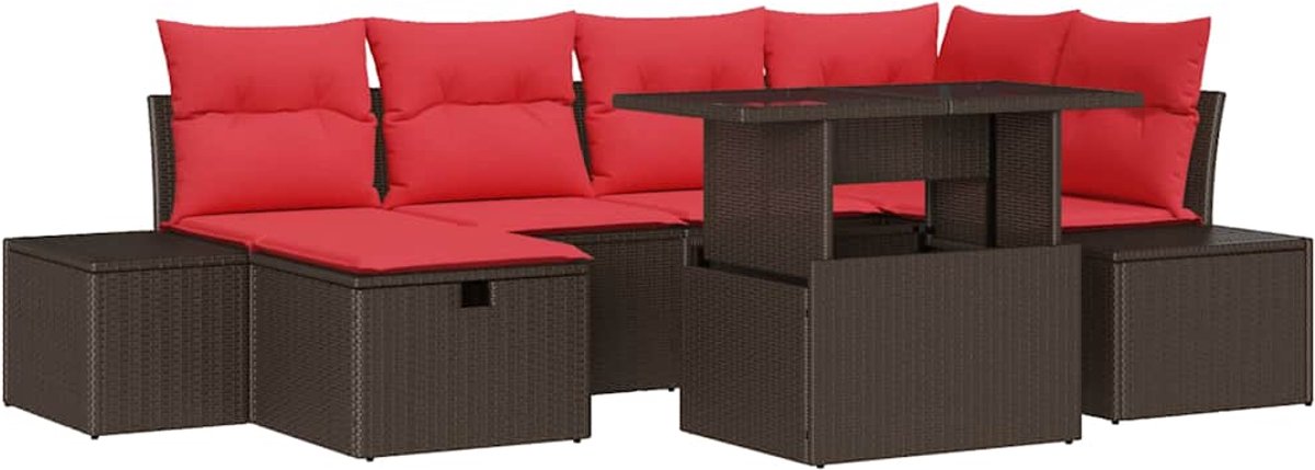 vidaXL Tuinbank - Set - 7 - st - poly - rattan Bruin/ Rood