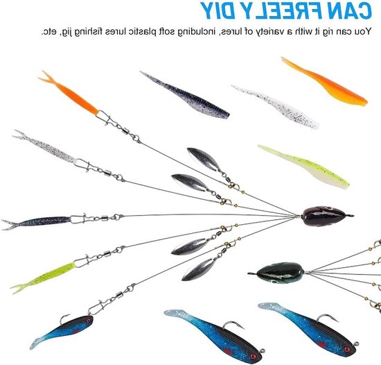5-arm multi-aas rig voor roofvissen, complete set met jigkoppen, haken en swimbaits voor snoekbaars, snoek en baars in zoet en zout water — afbeelding 4