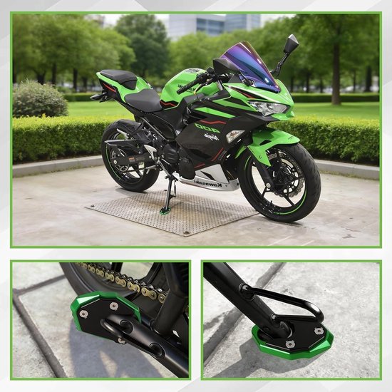 Motorfiets Zijstandaard Verbreding, Ondersteuningsplaat voor Kawasaki Z650 Z900 Z900RS Z1000 Z800 ER-6N ZX-6R en meer, Verbeterde Stabiliteit en Grip, Groen van Merkloos — afbeelding 3