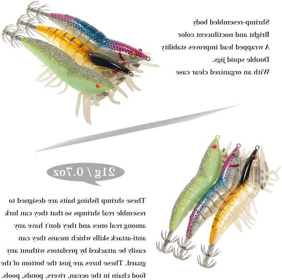 Visserskunstaas voor Garnalen en Inktvis - Hard Kunstmatige Lure met Glimfunctie en Geleadde Haak, 12cm/21g, Set van 3 Stuks van Merkloos — afbeelding 4