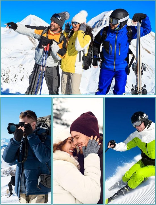 Montage van mensen in een skigebied die grijze vingerloze handschoenen dragen tijdens het skiën, fotograferen en knuffelen.