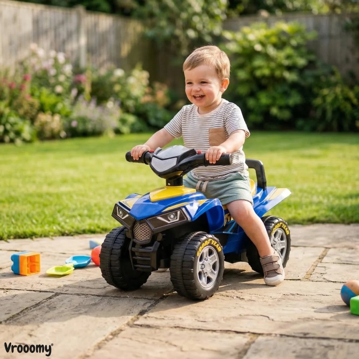 Goodyear Loopauto 1 tot 3 jaar – Officieel Gelicentieerde Quad Loopauto met Verlichting, Toeter & Opbergvak – Buitenspeelgoed Peuter met Blokstandaard & Cadeaubox – Blauw – foto 2