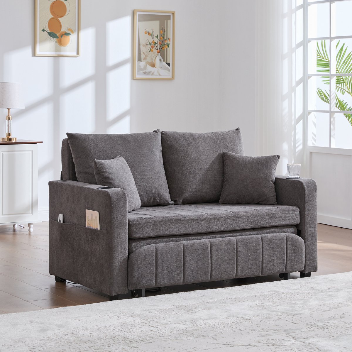REDOM Slaapbank - Uitschuifbaar Met Opbergvak - Ruimtebesparend - Chenille - Grijs - 139 x 83 x 58 cm