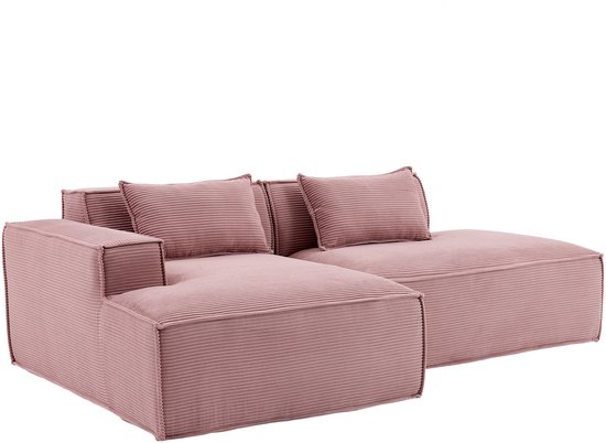 Roze corduroy modulaire bank, getoond op witte achtergrond.