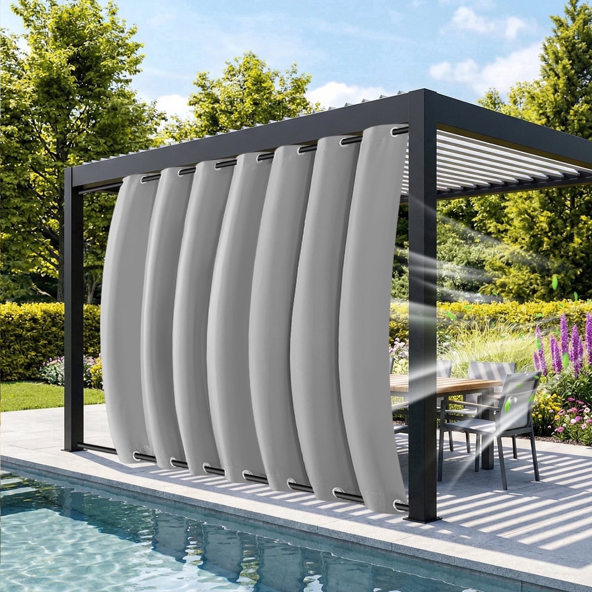MUPOO Buitengordijnen Waterdicht&Windbestendig met Ringen Boven en Onder - Dubbele Bevestiging tegen Wind - Verduisterend & UV Werend - Outdoor Gordijnen voor Overkapping, Balkon&Tuin - 132x213 cm -lichtgrijs - 1 Stuk(Rideau Extérieur Imperméable)
