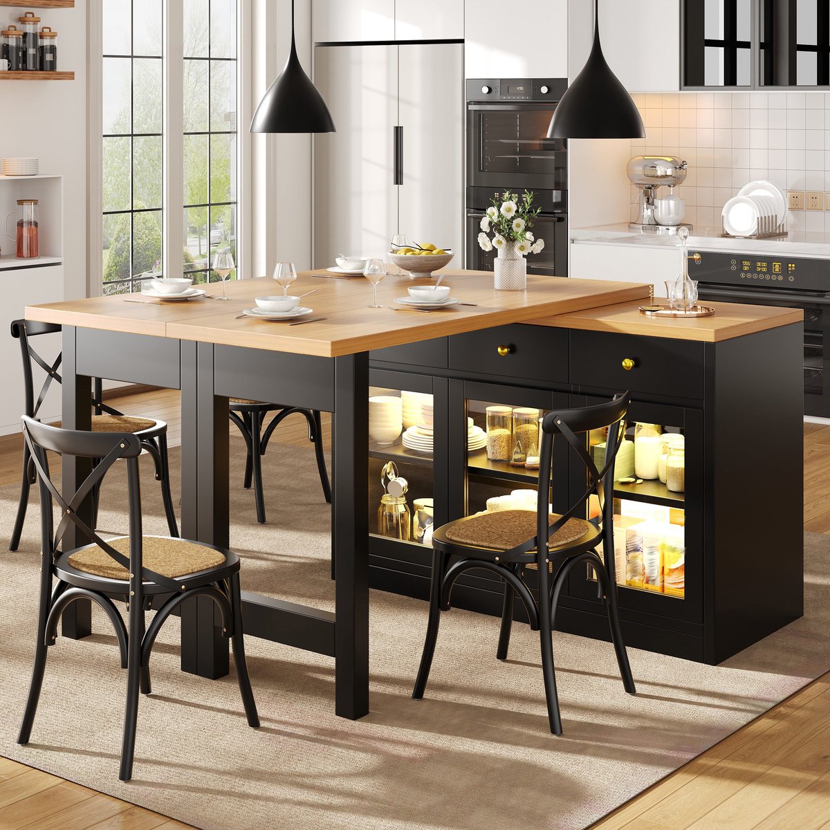 PHOEBE CAT Uitschuifbare Eettafel - Keukeneiland - Opbergkast - LED-verlichting - 3 lades - Glazen deuren - Naturel + Zwart