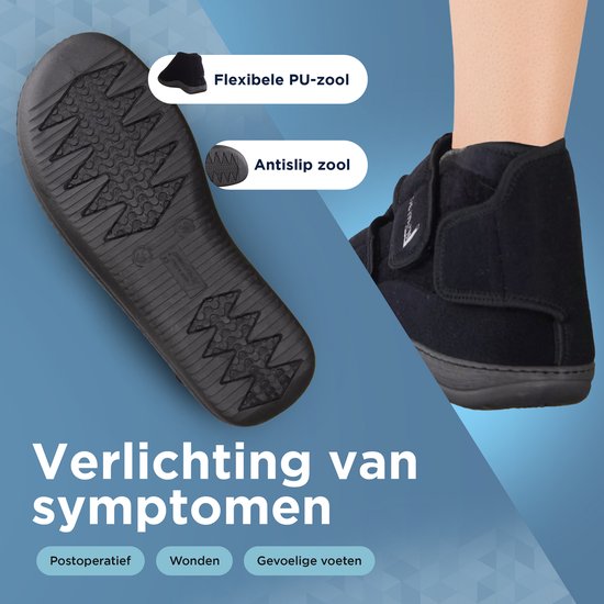 Zwarte Liromed schoen met antislip zool en klittenbandsluiting. Verlichting van postoperatieve symptomen, wonden en gevoelige voeten.