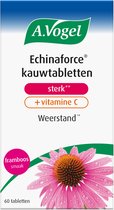 Doos Echinacea kauwtabletten met frambozensmaak, 60 stuks, met afbeelding van een bloeiende rode zonnehoed met waterdruppels.