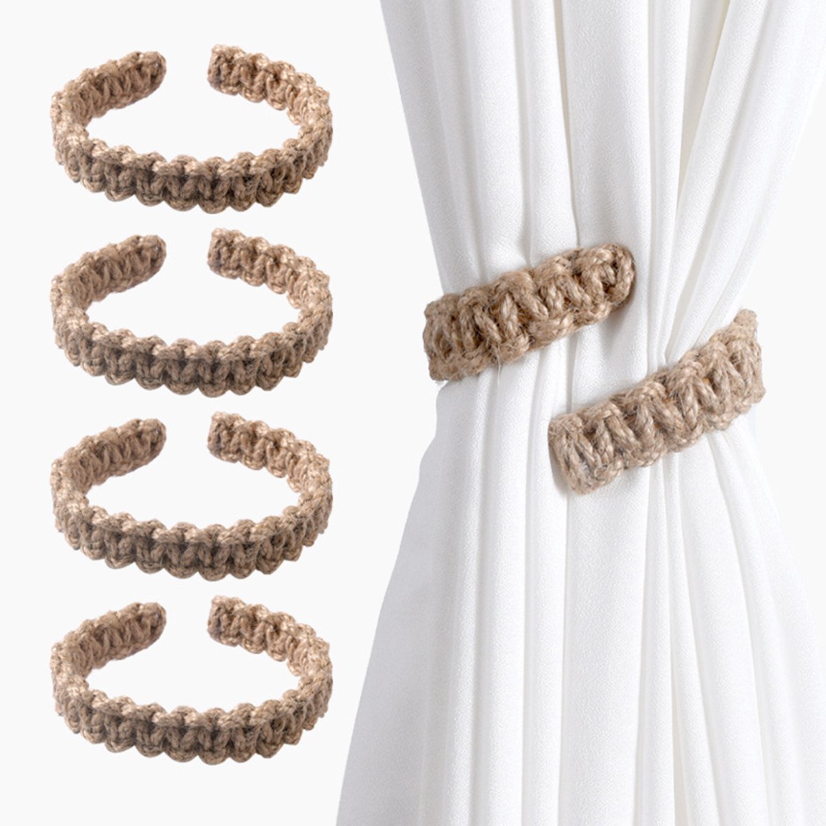 4-delige gevlochten gordijnbanden set – Boho elegante landelijke gordijnhouders, lichtgewicht decoratieve accessoires voor woonkamer en slaapkamer