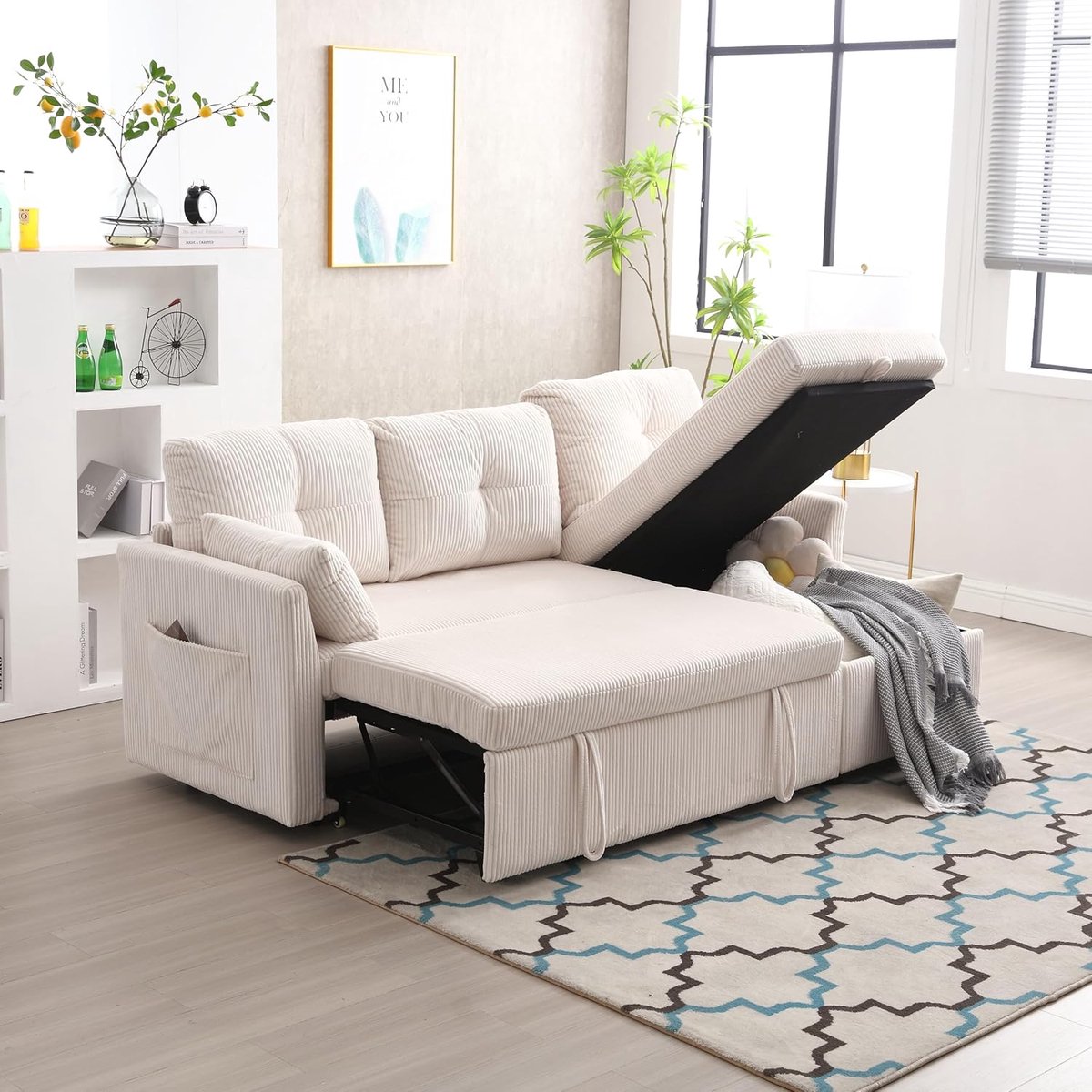 Luxe 3-in-1 L-vormige Slaapbank met Opbergruimte, Uittrekbare Bedfunctie, Fluwelen Bekleding en Omkeerbare Hoekopstelling 206 x 108 x 88 cm