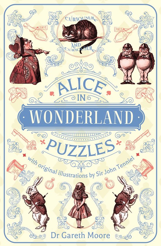 Boekcover van 'Alice in Wonderland Puzzles' met illustraties van de Hartenkoningin, de Gekke Hoedenmaker en het Witte Konijn.