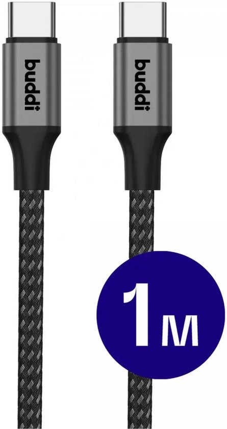 Twee zwarte, gevlochten 1 meter lange Buddi USB-C kabels met grijze connectoren. Een blauwe cirkel met '1m' markeert de lengte.