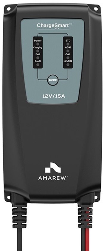 Amarew ChargeSmart Pro 15A Acculader - slimme 12V acculader voor boot, camper en auto. Met BMS wake-up functie, geschikt voor lithium, AGM, gel en loodaccu’s - voordeligste lithium acculader op de markt