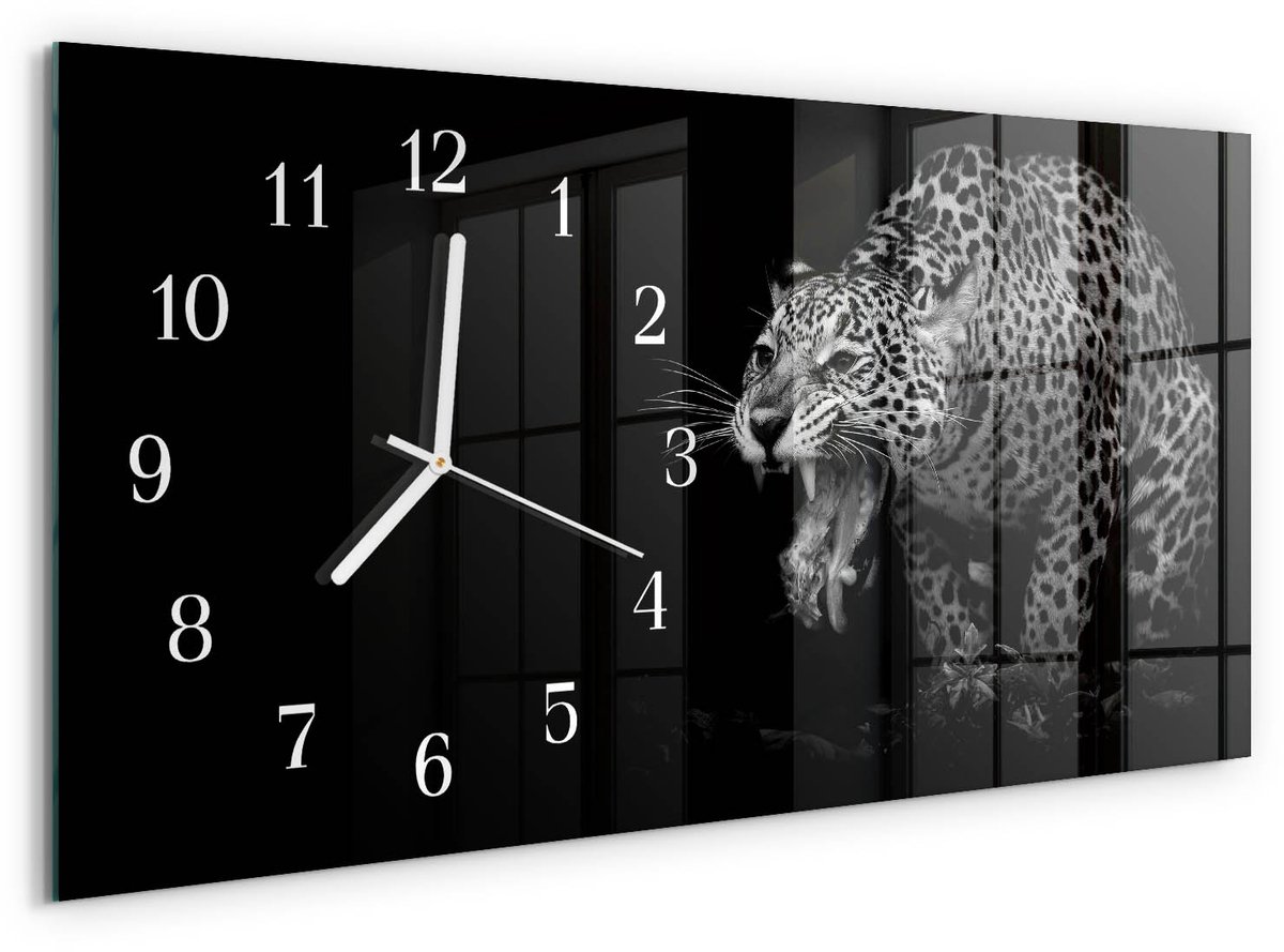 TULUP Wandklok - Jaguar Glazen Wandklok Design - 60x30 cm - Zwart Klok Glas Met Opdruk - Witte Handen - Rechthoekige Wandklok - Moderne Wandklok Glas - Wandklok Glas Decoratie Zwart - Jaguar