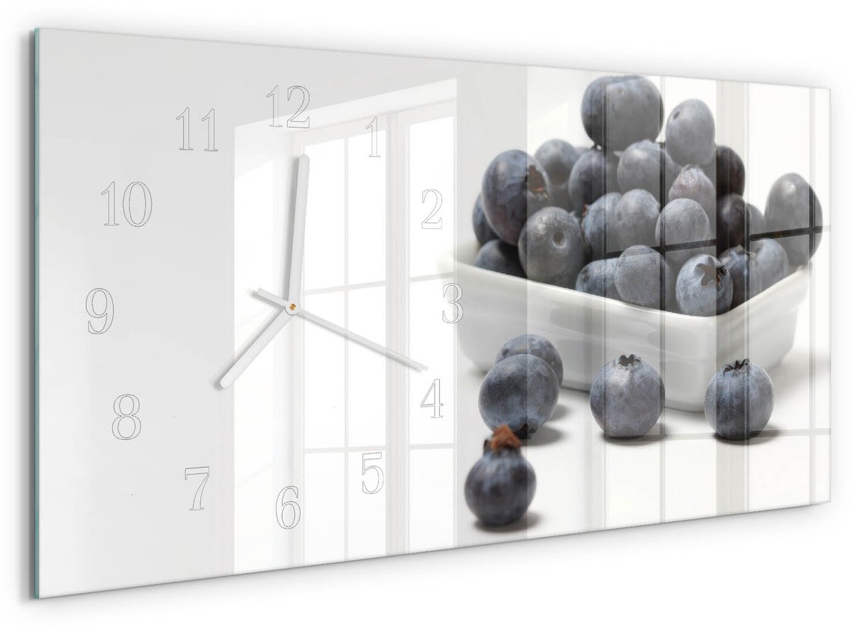 TULUP Wandklok - Bessen Decoratieve Glazen Klok - 60x30 cm - Wit Glazen Wandklok Design - Witte Handen - Rechthoekige Wandklok - Decoratieve Glazen Klok - Glazen Wandklok Design