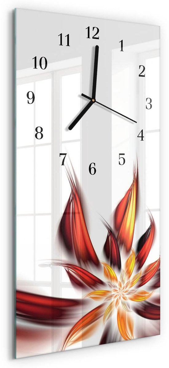 TULUP Wandklok - Bloem Glazen Wandklok Design - 30x60 cm - Veelkleurig Klok Glas Met Opdruk - Zwarte Handen - Rechthoekige Wandklok - Moderne Wandklok Glas - Wandklok Glas Decoratie Veelkleurig - Bloem