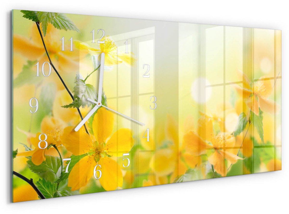 TULUP Wandklok - Bloemen Wandklok Glas Met Motief - 60x30 cm - Geel Decoratieve Glazen Klok - Witte Handen - Rechthoekige Wandklok - Decoratieve Glazen Klok - Glazen Wandklok Design Geel - Bloemen