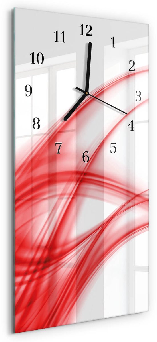 TULUP Wandklok - Abstracte kunst Moderne Glazen Wandklok - 30x60 cm - Rood Wandklok Glas Met Motief - Zwarte Handen - Rechthoekige Wandklok - Wandklok Glas Decoratie - Gekleurde Glazen Klok