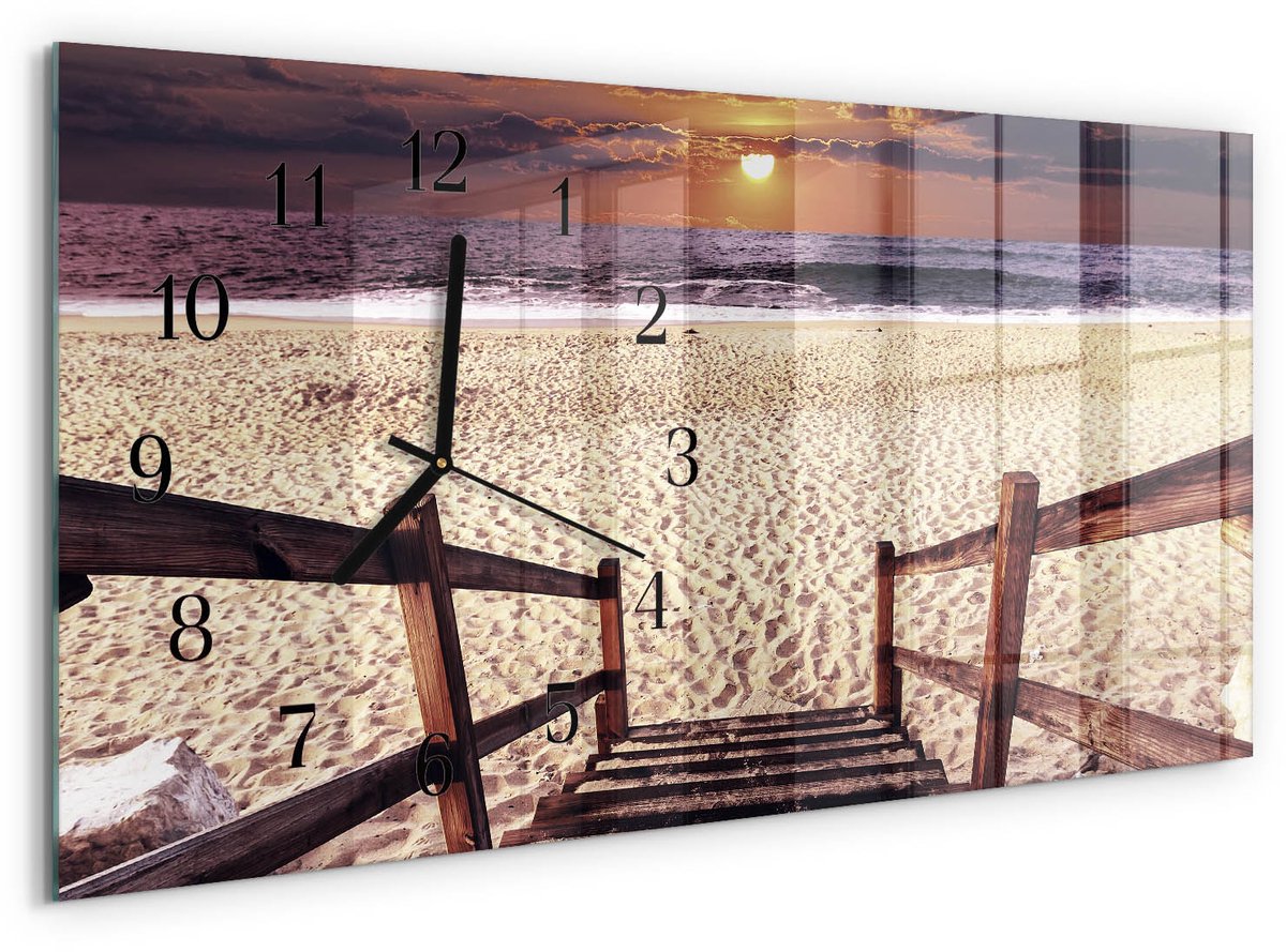 TULUP Wandklok - Trap naar het strand Glazen Wandklok Design - 60x30 cm - Beige Klok Glas Met Opdruk - Zwarte Handen - Rechthoekige Wandklok - Decoratieve Glazen Klok - Glazen Wandklok Design