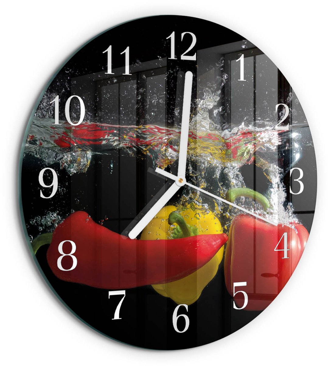 TULUP Wandklok - Peper Moderne Glazen Wandklok - 30fi cm - Zwart Wandklok Glas Met Motief - Witte Handen - Ronde Wandklok - Wandklok Glas Met Motief - Decoratieve Glazen Klok Zwart - Peper