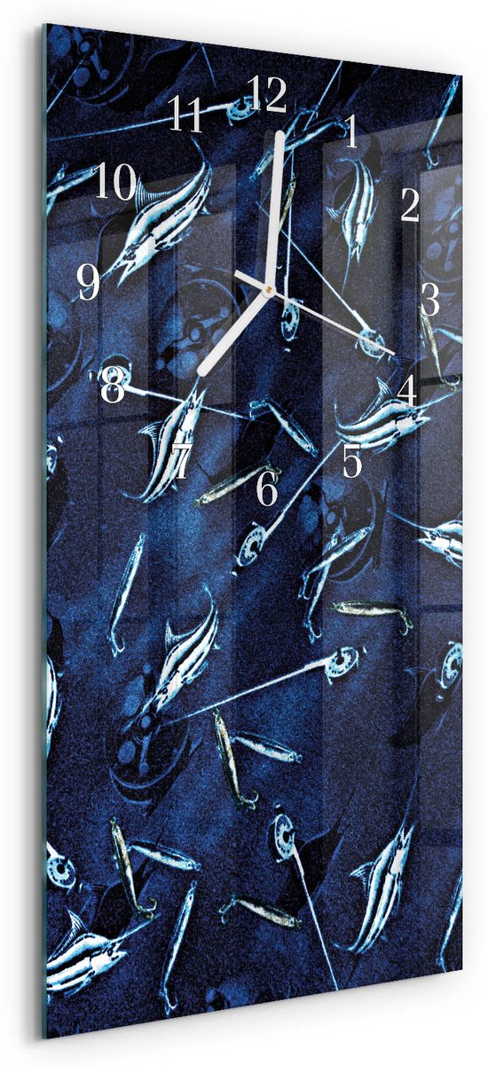 TULUP Wandklok - Vis Klok Glas Met Opdruk - 30x60 cm - Blauw Moderne Wandklok Glas - Witte Handen - Rechthoekige Wandklok - Wandklok Glas Met Motief - Decoratieve Glazen Klok Blauw - Vis